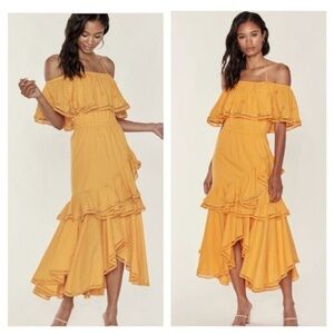 MISA Yellow Gold Cape Ruffle Bethina Eyelet Off Shoulder Dress Womens Size XS